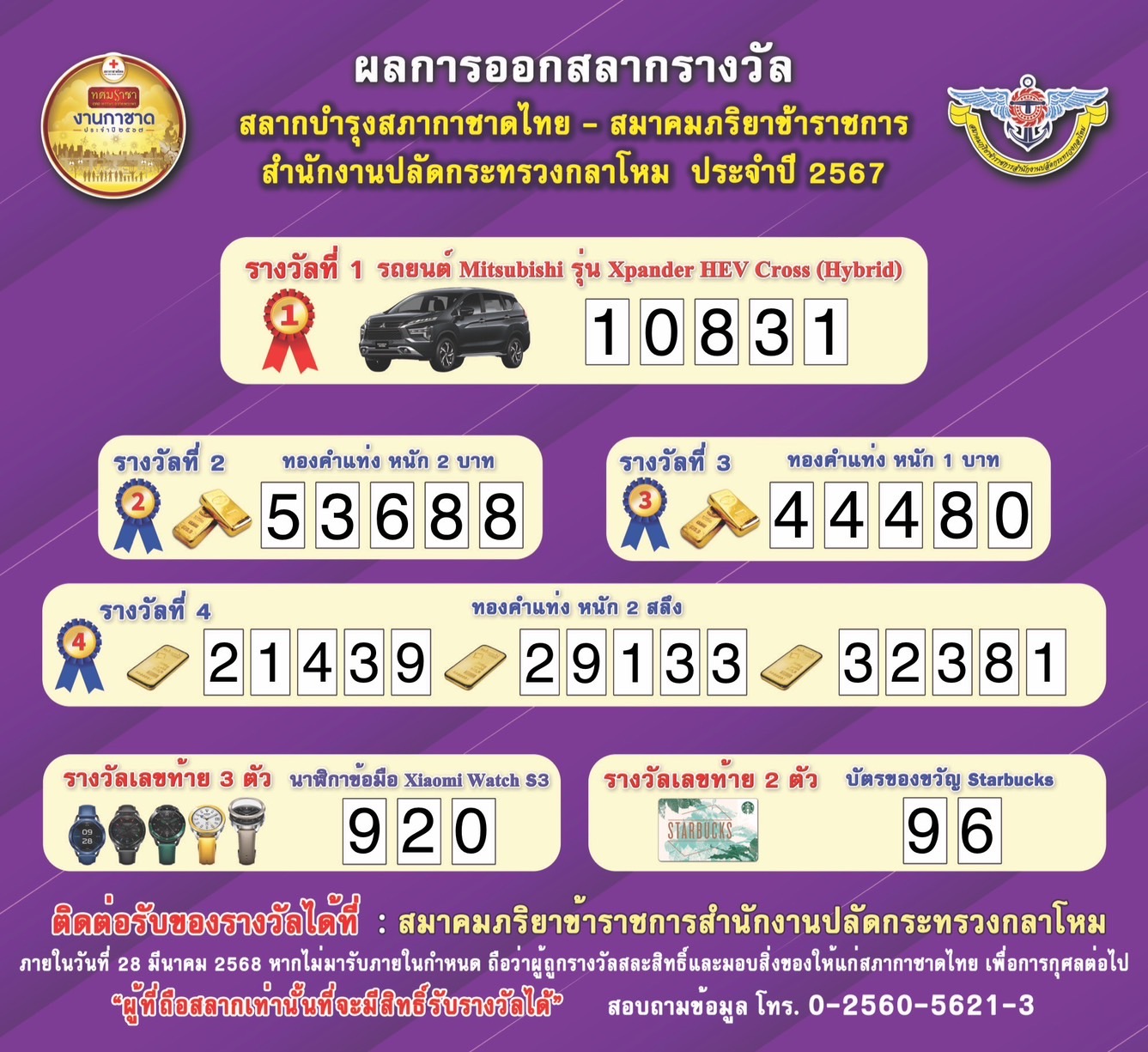 ๓๙ ประกาศผลการออกสลากบำรุงสภากาชาดไทย สมาคมภริยาข้าราชการสำนักงานปลัดกระทรวงกลาโหม ประจำปี ๒๕๖๗